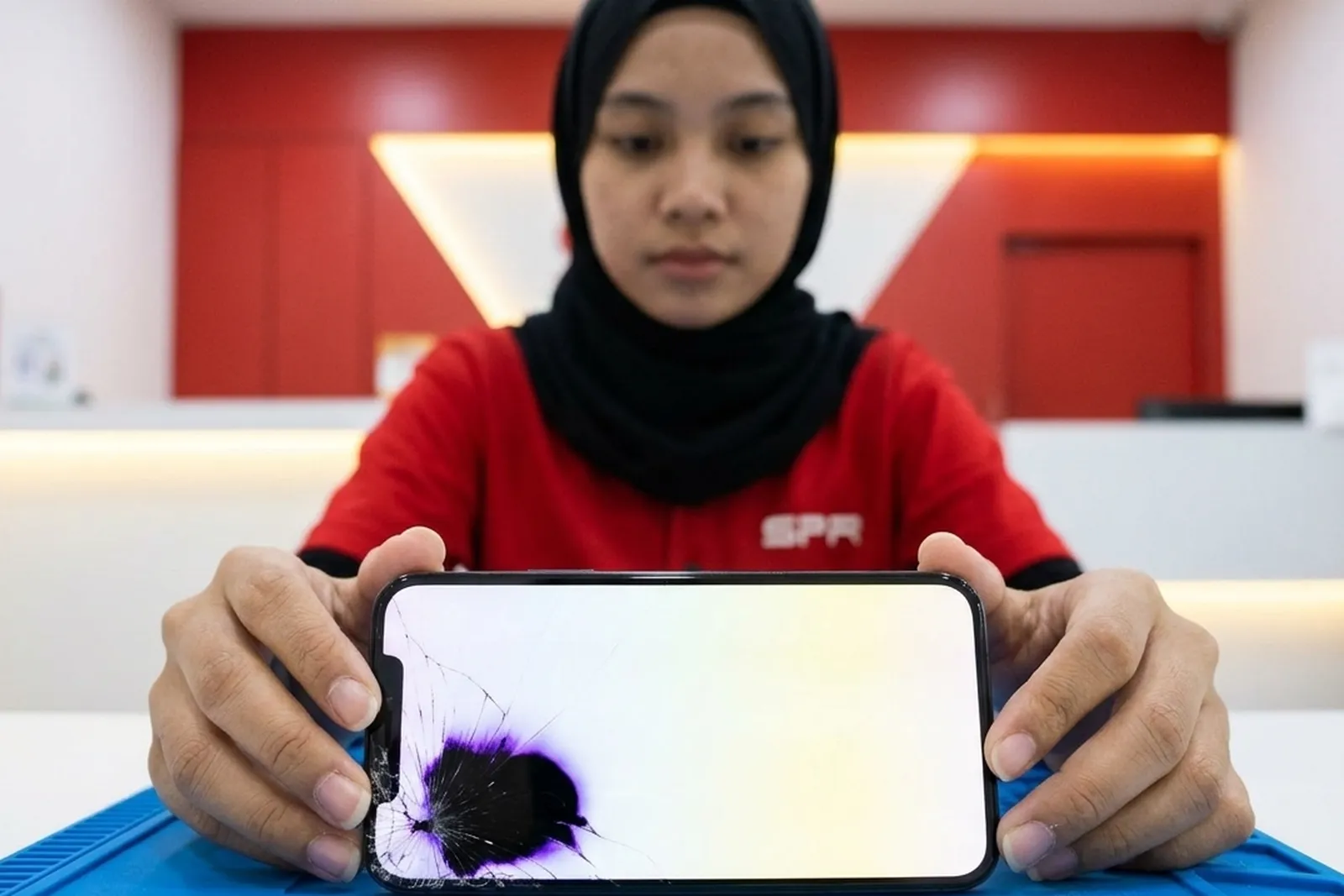 Black ink-like spot spreading from a cracked corner of an iPhone OLED screen