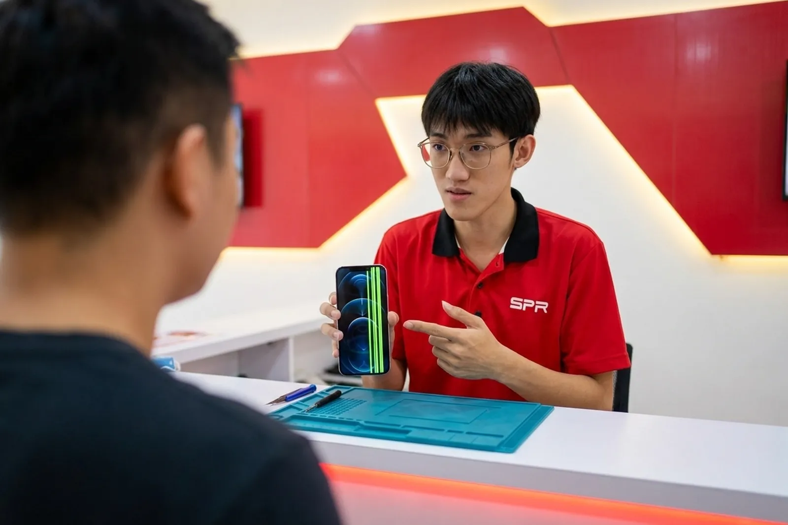 SPR technician explaining an iPhone screen fault to a customer at the counter