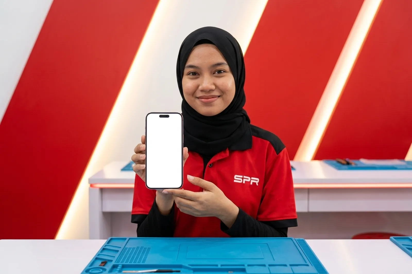 Repaired iPhone showing a plain white screen to check even brightness