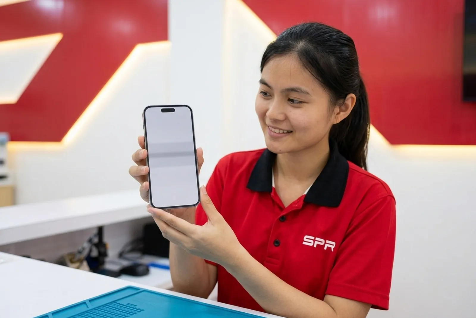 Technician holding an iPhone at eye level to watch the screen flicker
